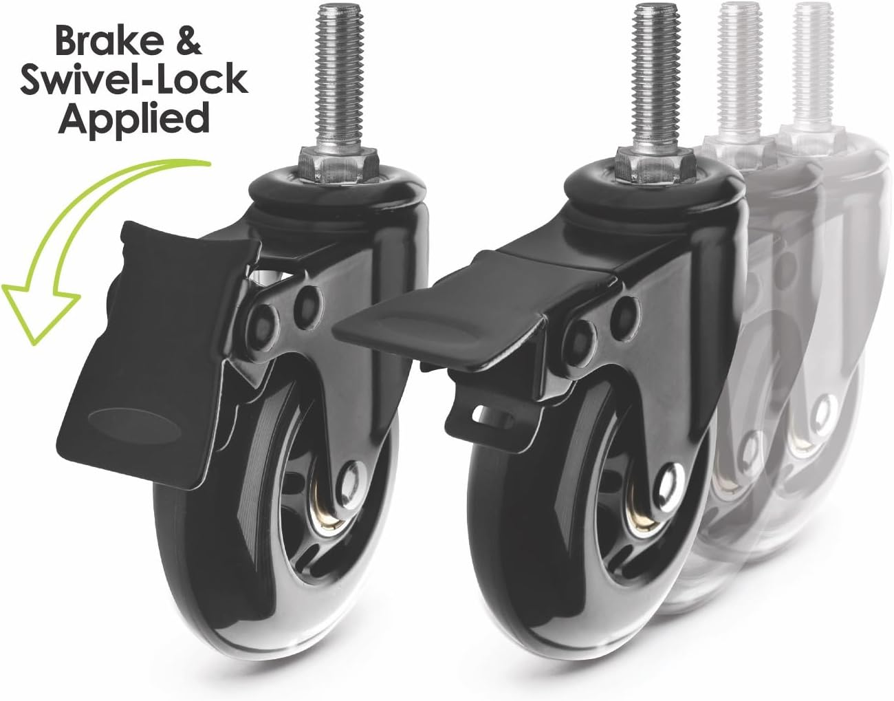 Slipstick CB693 Premium 3 Inch Rubber Caster Wheels with Brake (4 Pack) Replacement Rollerblade Style Swivel Casters with 3/8&rdquo;&ndash; 16X1&rdquo; Threaded Stem, Includes Mounting Hardware, Black/Clear Castor image number 2
