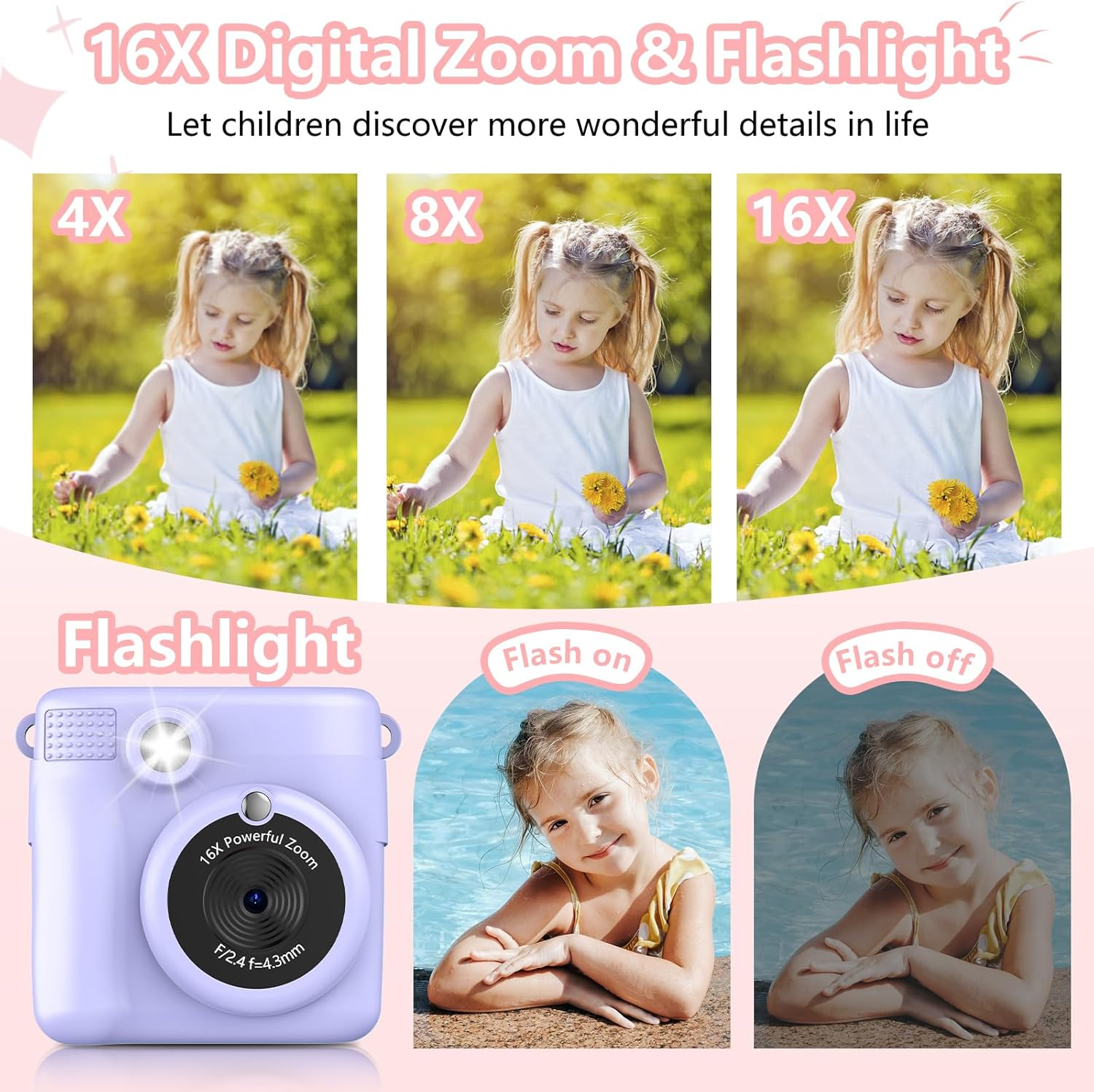 Instant Print Camera for Kids,Christmas Birthday Gifts for Age 3-12 Girls Boys，1080P HD Digital Video Cameras for Toddler,Kids Portable Toy with 3 Rolls Photo Paper，32Gb Card-Purple image number 5