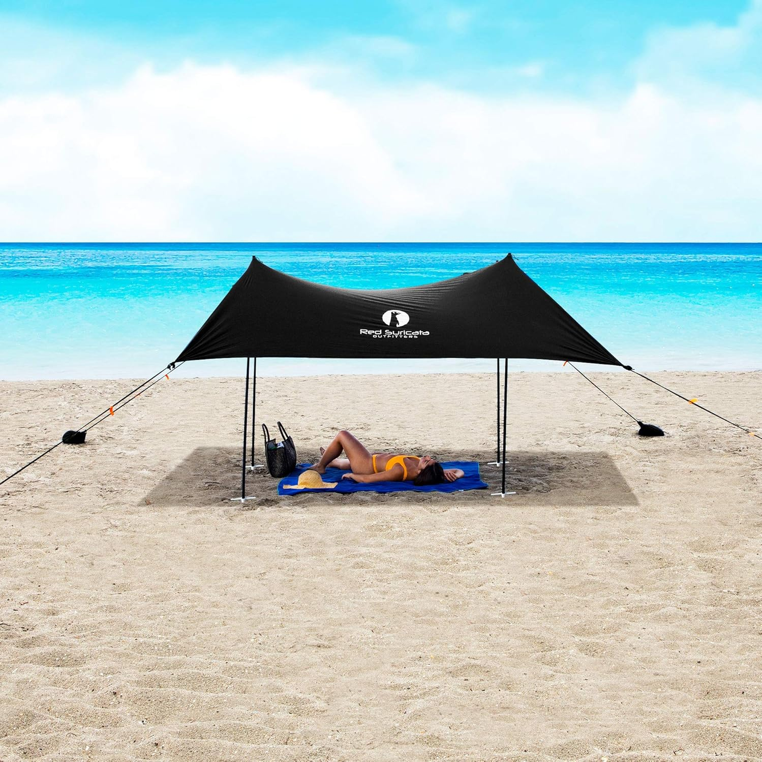 Red Suricata Family Beach Sunshade - Sun Shade Canopy | UPF50 UV Protection | Water Repellent Tent with 4 Aluminum Poles, 4 Pole Anchors, 4 Sandbag Anchors | Portable Shelter Tarp (Large, Black)