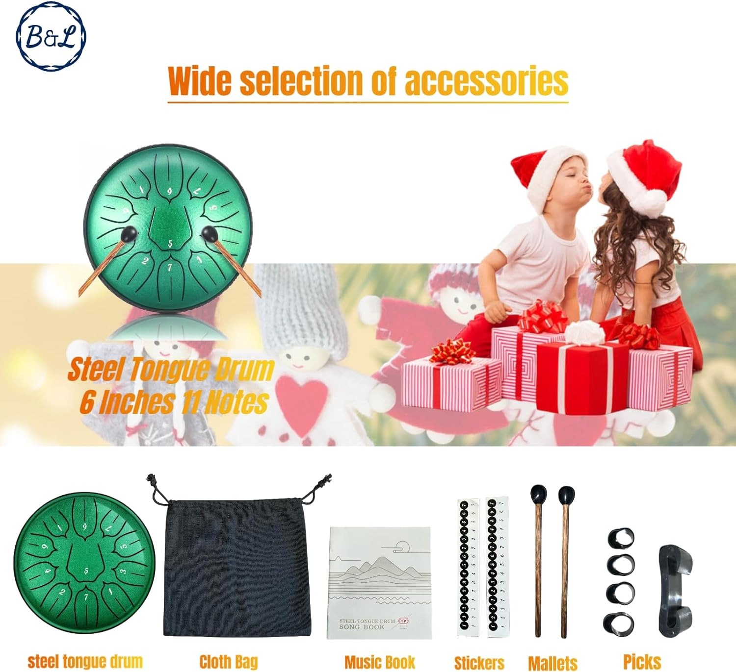 BURNING&LIN Steel Tongue Drum 11 Notes 6 Inches Handpan Drum Percussion for Meditation Yoga Musical Education for Adult& Kids（Green） image number 3