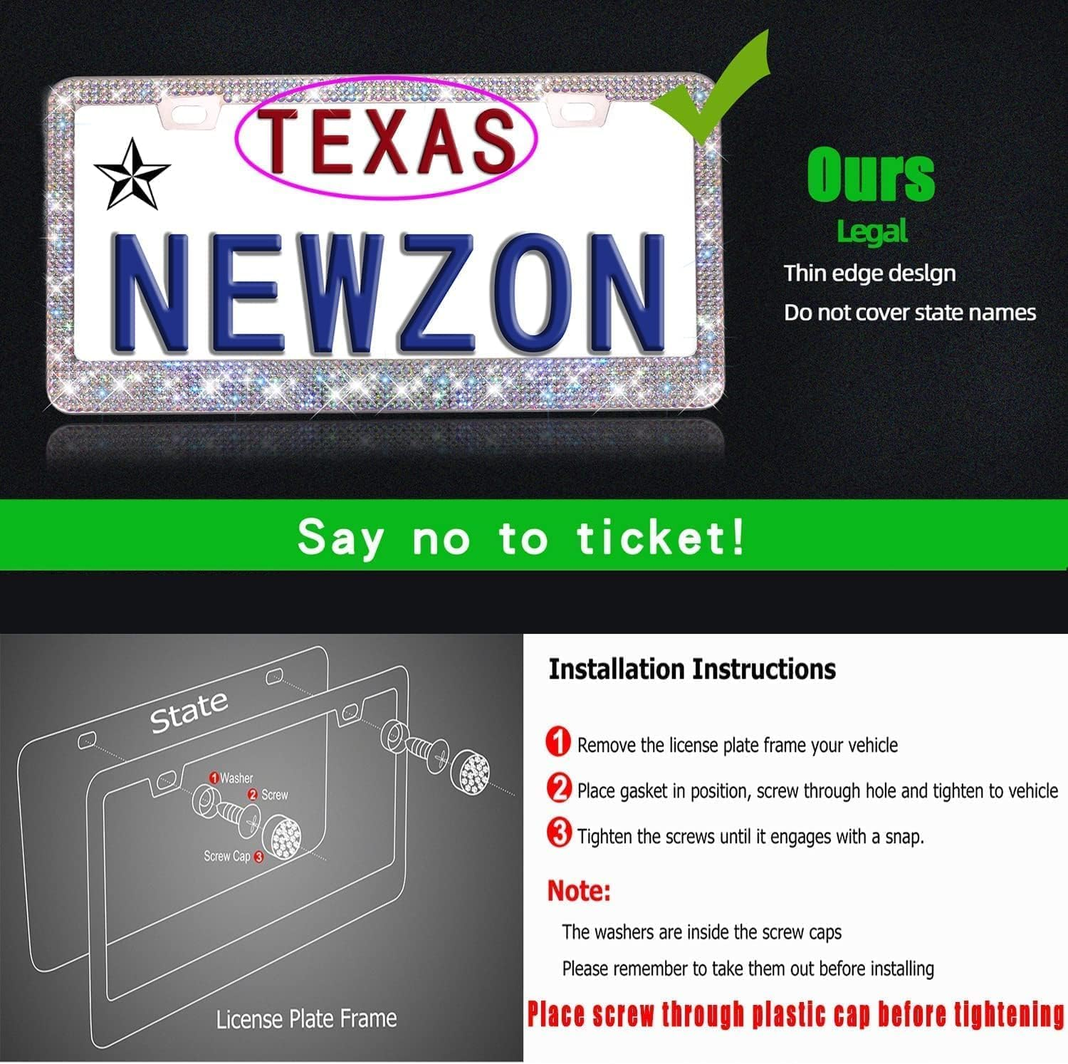 Newzon AB Bedazzled Crystal Car License Plate Cover 2 Pieces, Color Bling License Plate Frames with High End Ribbon Gift Box, Diamond Car Accessories with Coaster, Rhinestone Ignition Ring for Women image number 6