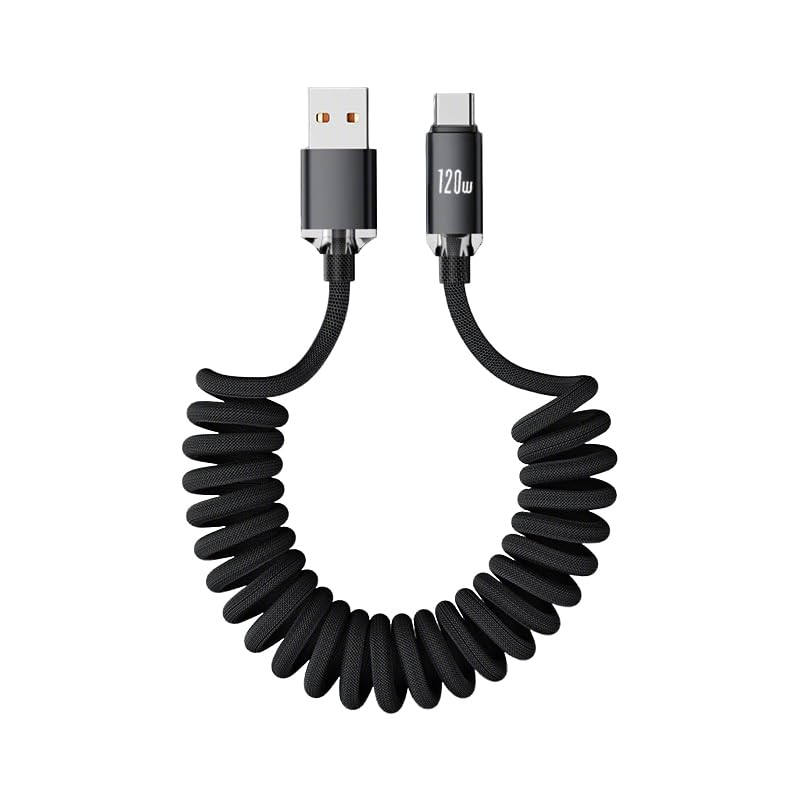AMITOME 120W Coiled USB a to USB C Carplay Cable,2M Braided Mfi Certified Fast Charging Retractable Cord Compatible with Iphone 17 16 15 Pro/Max/Plus,Ipad,Macbook,Samsung,Google,Switch-Black
