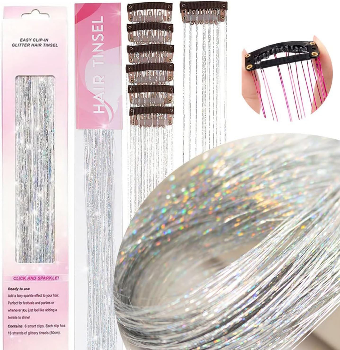 Hair Tinsel Pack of 12 Pcs Clip in Hair Tinsel 20 Inch Glitter Pink Tinsel Hair Extensions, Festival Tinsel Fairy Hair Extension Party Dazzle Accessories Strands Kit (Silver)