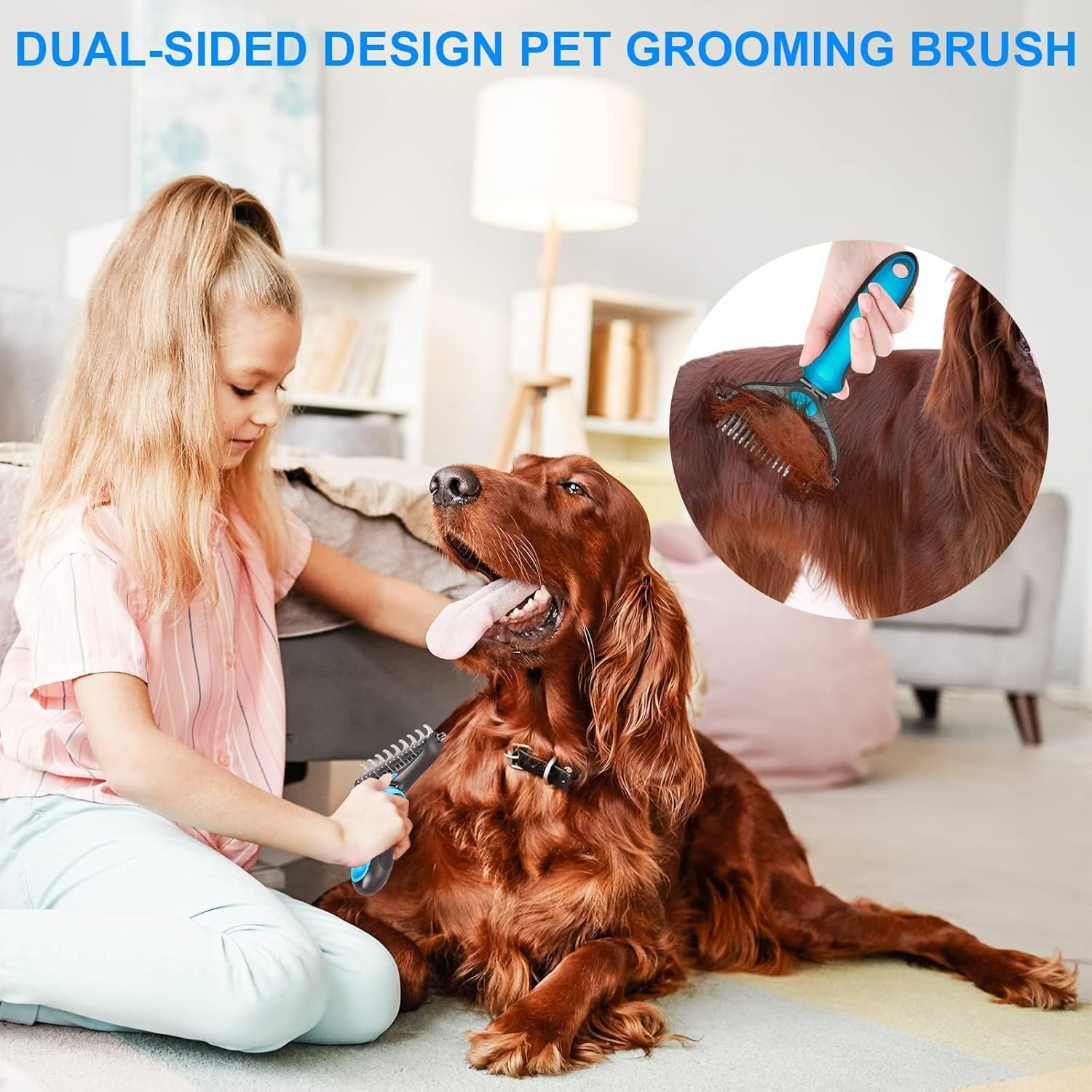 Pet Grooming Brush - Double Sided Shedding, Dematting Undercoat Rake for Dogs, Cats - Extra Wide Dog Grooming Brush, Dog Brush for Shedding, Cat Brush, Reduce Shedding by 95%, Blue image number 2
