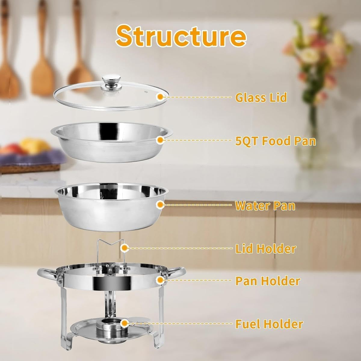 9SHOME 2Pack Chafing Dish Buffet Set, 4.5L Stainless Steel round Chafer with Glass Lid & Lid Holder, 5QT Buffet Servers Food Warmers Set with Food and Water Trays for Dinner, Parties, Wedding, Camping