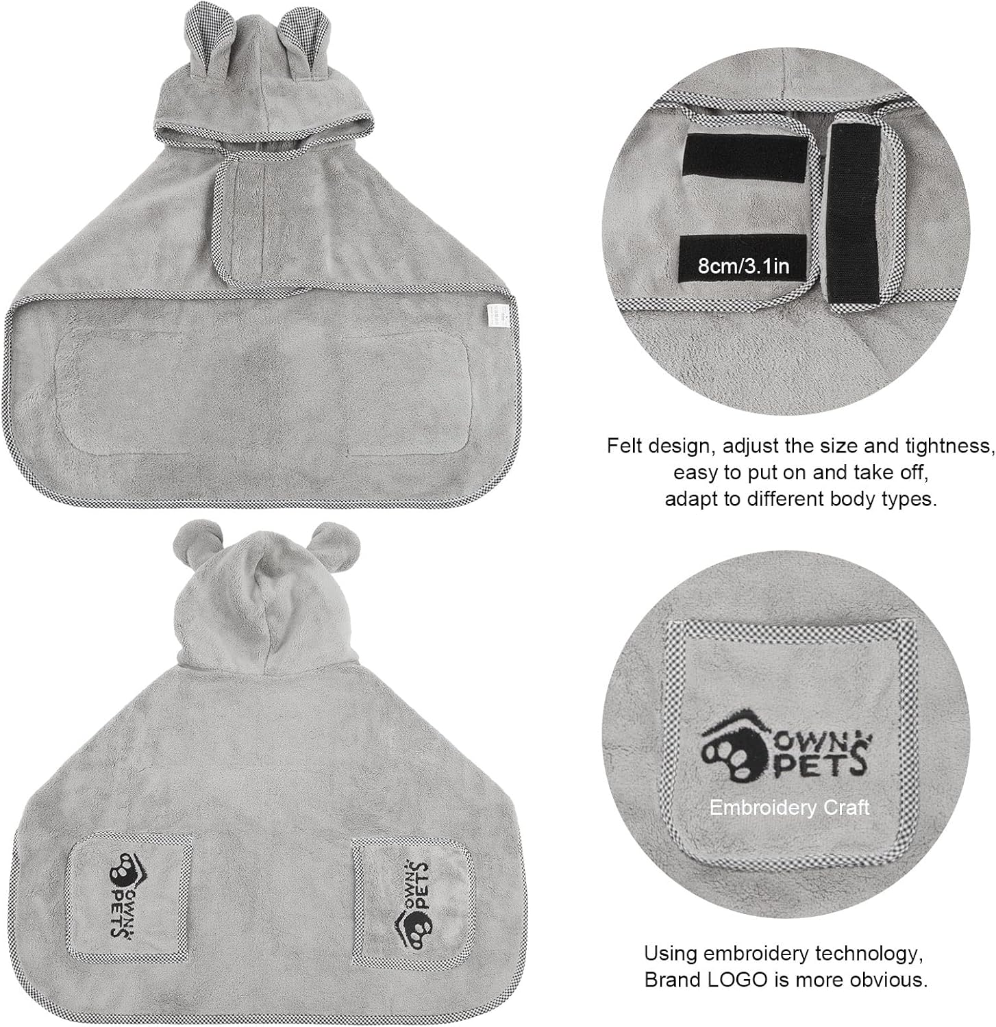 Ownpets Dog Bathrobe Towel, Super Absorbent Soft Dog Drying Robe with Cap & Pocket for Bathing & Beach Trips, Microfibre Fast Drying Dog Towel Robe for Dogs and Cats(Large) image number 3