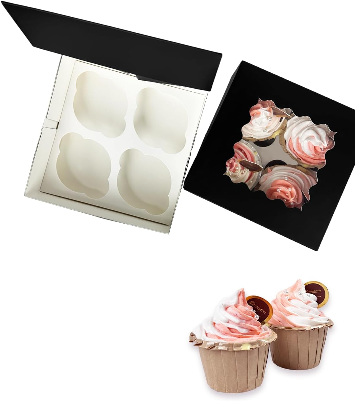 Qiqee Black 4 Cupcake Boxes with Window 12 Packs Cupcake Box 16X16X7.6Cm Bakery Boxes for Cupcakes Carrier, Cupcake Containers (6.3"X6.3"X3" Inch, Auto-Pop Up) image number 3