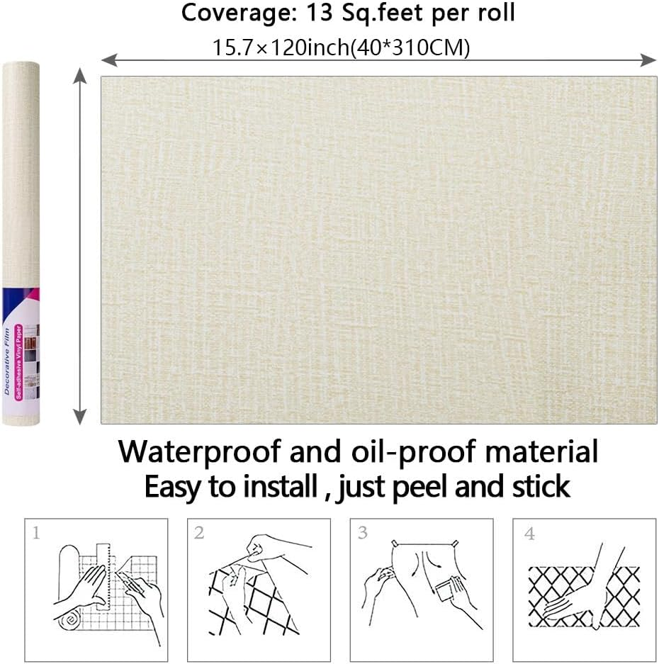 Arthome 40X310Cm Cream Faux Grasscloth Self Adhesive Wallpaper Waterproof Gloss PVC Vinyl, Oil Proof, Vinyl Paper for Furniture Cover Surface,Kitchen,Shelf Liner image number 3