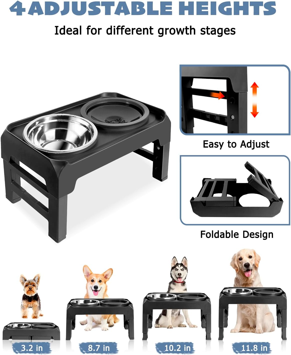 Elevated Dog Bowls, Raised Bowl Stand with No Spill Slow Water Feeder & Stainless Steel Food Dish, Feeding Station with 4 Adjustable Heights for Small Medium Large Dogs image number 2