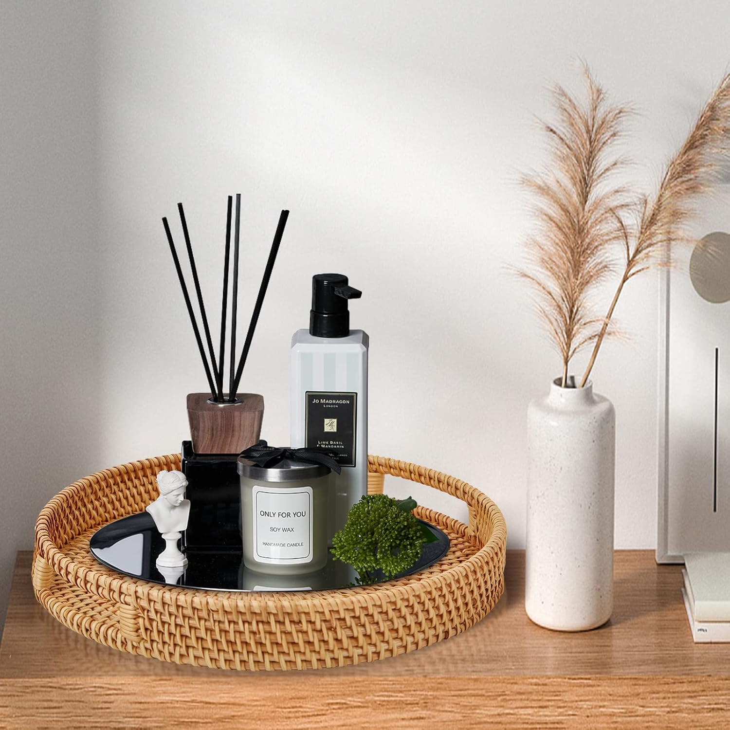 Whalehub round Rattan Serving Tray with Handles, Hand Woven Basket, Home Decor Organizer Tray for Breakfast, Tea, Snack, Fruit, Coffee,Storage (Large)(14.17Inchx2.3Inch) image number 2