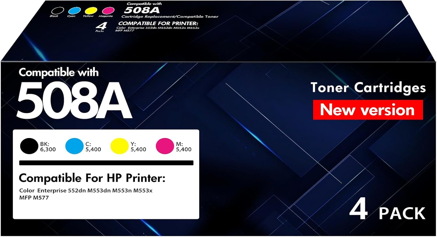 508A Toner Cartridges 4 Pack: 508X M553 Compatible Replacement for HP 508A CF360A CF361A CF362A CF363A 508X M553Dn M577 M553X M553N Printer Ink New Version (Black Cyan Yellow Magenta) image number 1