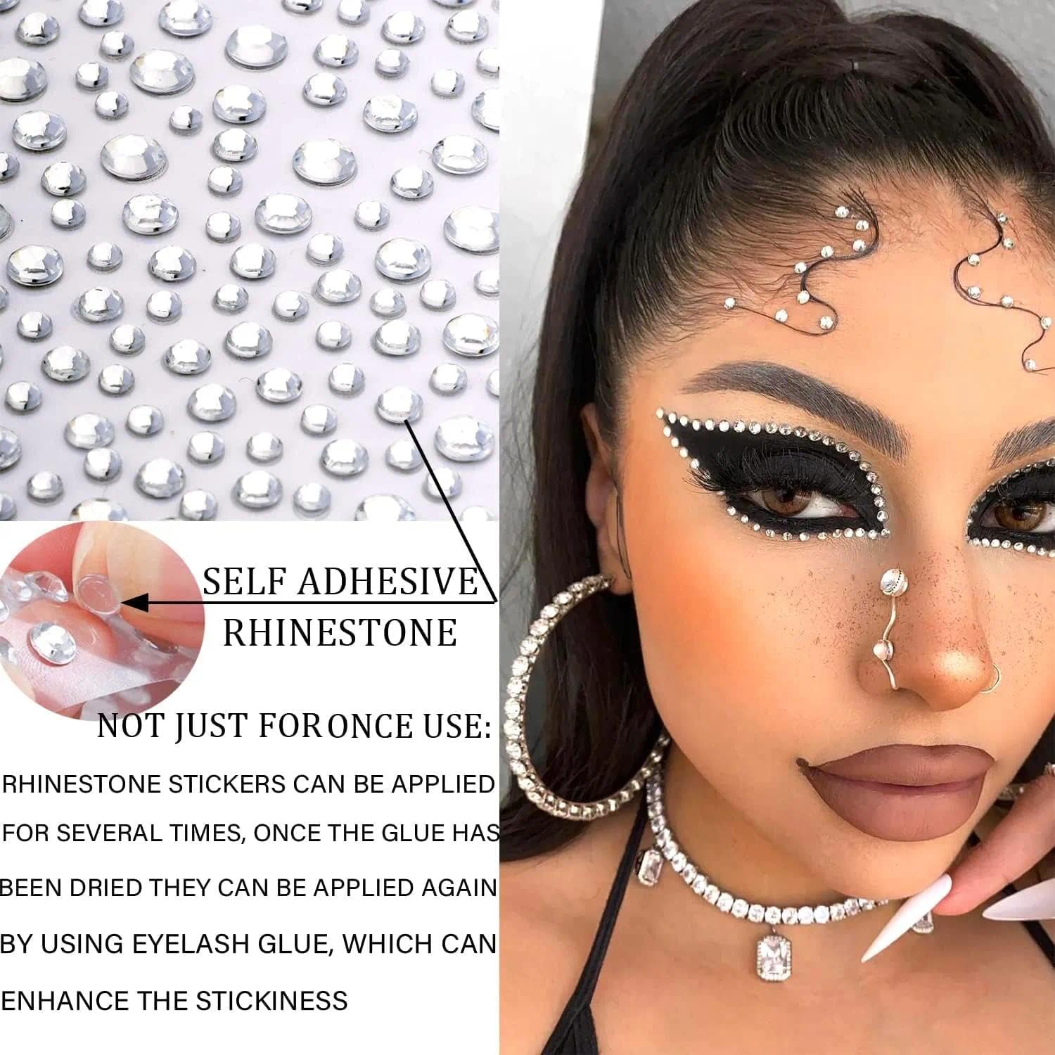 Self Adhesive Face Jewels and Rhinestone Stickers for Festival Makeup, Body Gems with Strong Glue - 12 Sheets Assorted Styles - Jotron image number 3