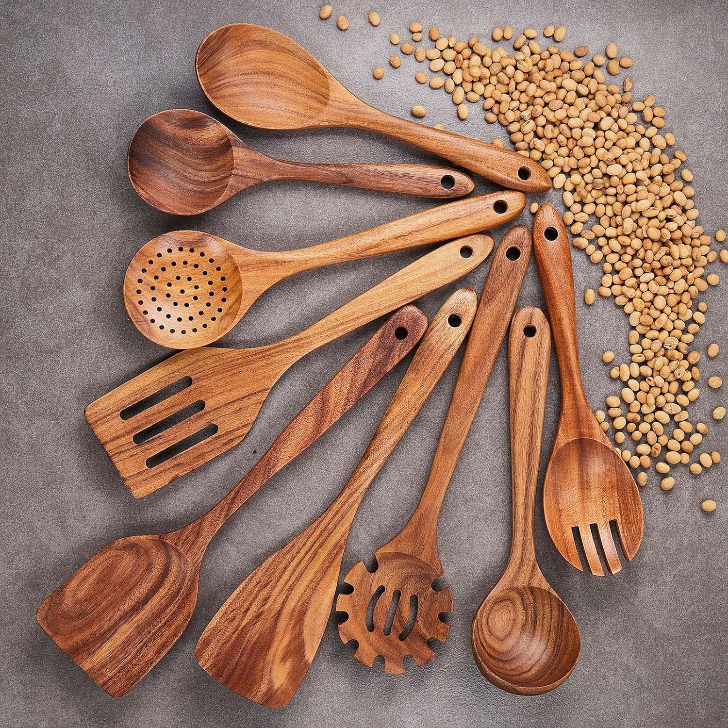 Wooden Kitchen Utensils Set,Gudamaye 9 PCE Natural Teak Wooden Spoons for Non-Stick Pan for Cooking, image number 1