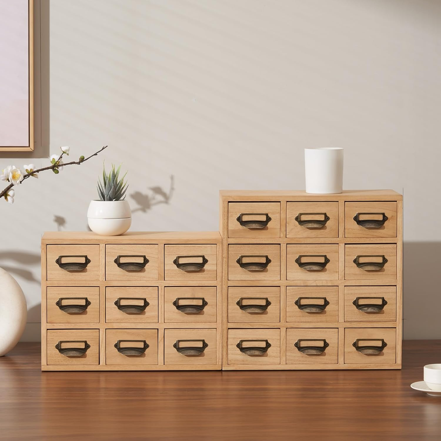 KIRIGEN Wood Drawer Organizer Desktop Storage Cabinet Box Drawers for Home Office Desk Organization and Storage 12 Drawer Mini Chest with Metal Handles Natural(12Cg-Na) image number 2