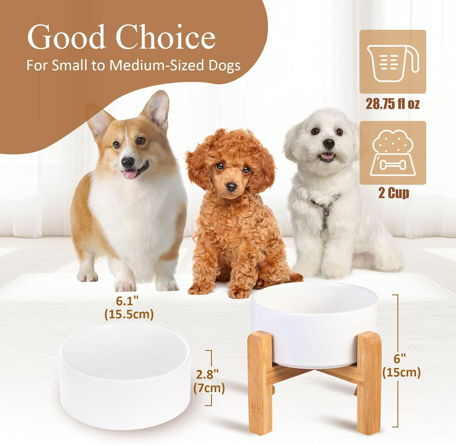White Ceramic Elevated Raised Dog Bowls - Dog Food Dish with Stand - Double Raised Dog Food and Water Bowls anti Vomiting - Pet Bowl with anti Slip Rubber Pad - Stress Free for Medium Dogs -Set of 2 image number 3