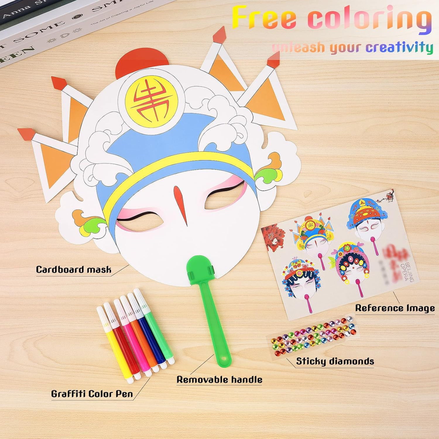 Hannafires 2PCS DIY Colorable Face Mask & Mask Fan - Traditional Chinese Peking Opera Masks, Face-Changing, Creative Painting Craft Kit for Parties, Birthdays & Holidays (Includes DIY Material Pack) image number 5