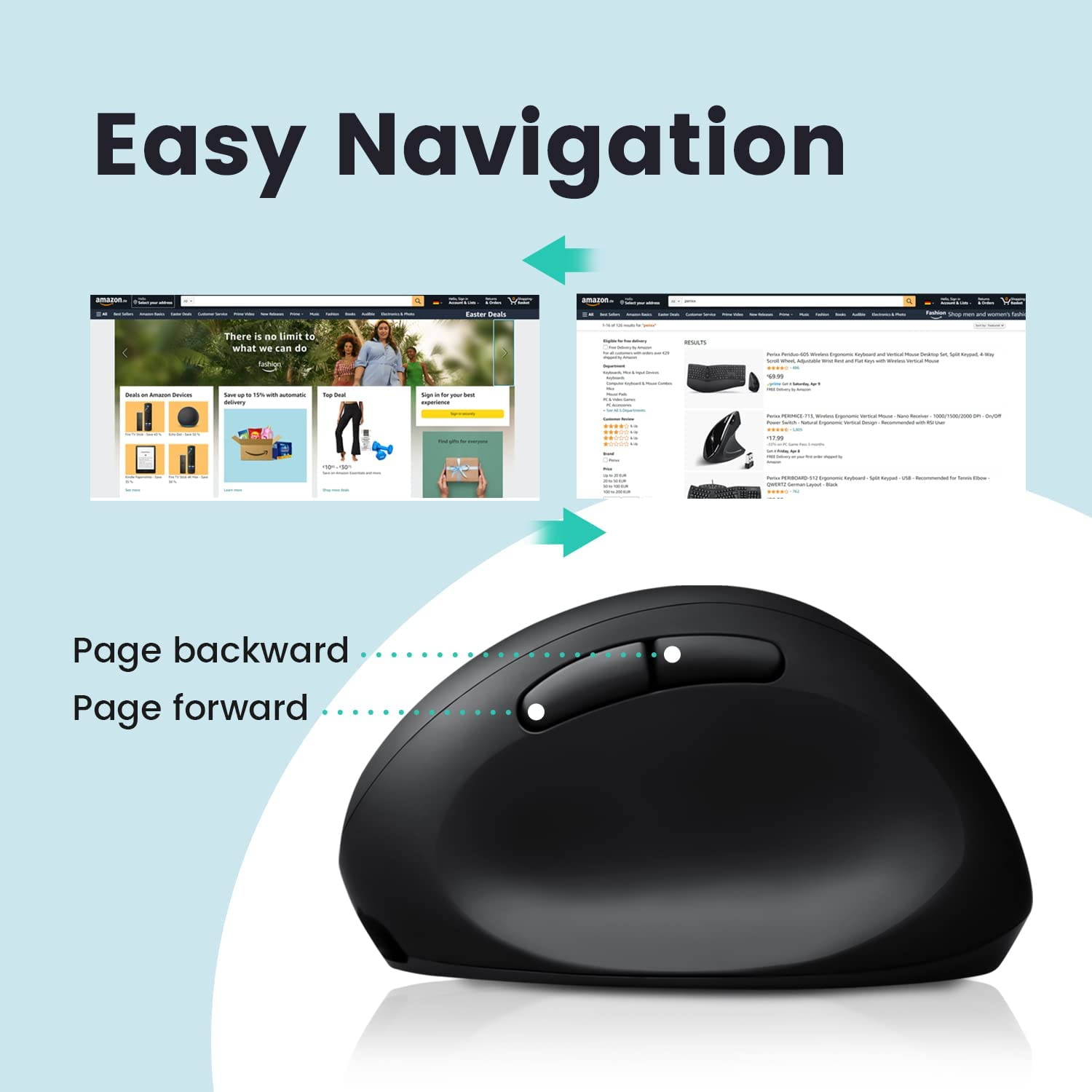 Perixx PERIMICE-819B Bluetooth Portable Vertical Mouse - Wireless 3-In-1 Multi-Device Spec - Silent-Click - Portable Compact Size - Black - Right Handed