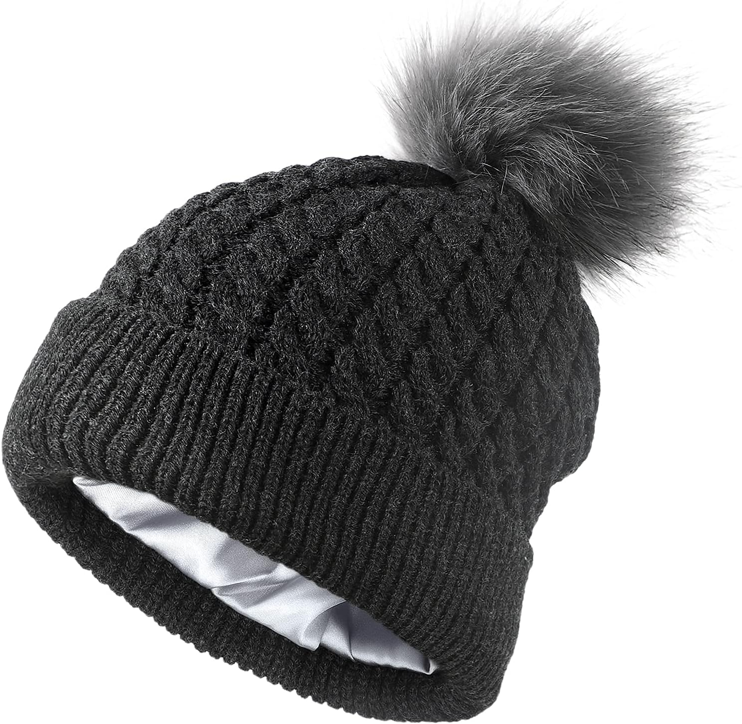 Womens Winter Satin Lined Beanie Hat Cuffed Cable Knit Detachable Faux Fur Pompom Silky Lined Warm Cap