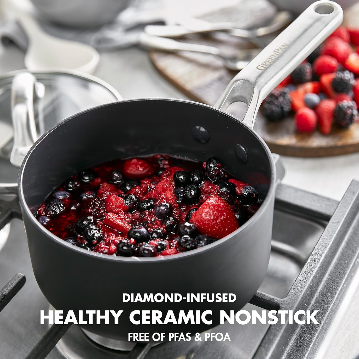 Greenpan Omega Hard Anodized Advanced Healthy Ceramic Nonstick, 1.6QT and 2.2QT Saucepan Pot Set with Glass Lids, Anti-Warping Induction Base, Dishwasher Safe, Oven & Broiler Safe, Black image number 2