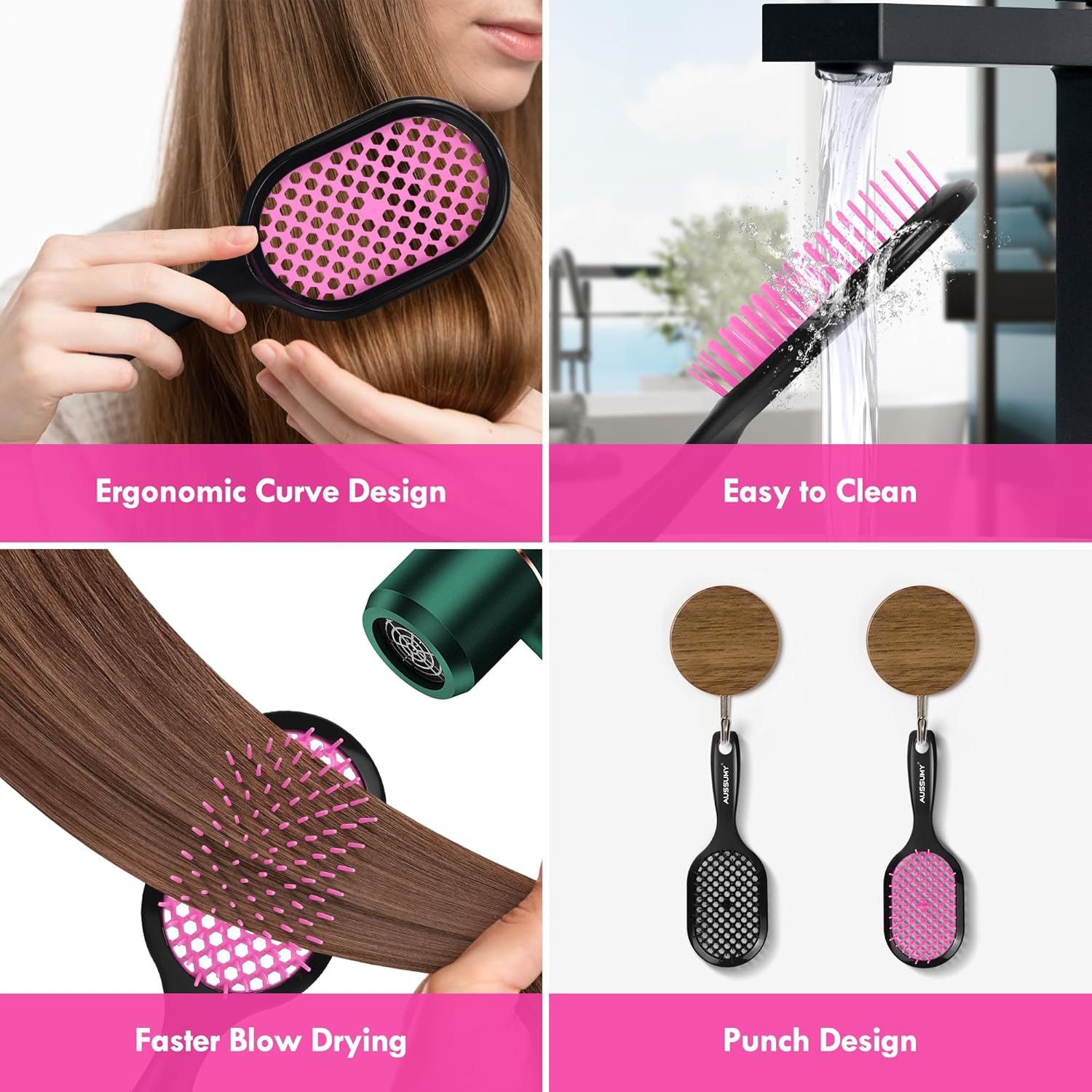 Aussumy 2 Pack Vented Detangling Hair Brush - Detangler Hairbrush for Effortless Tangle Removal - Ultra-Soft Bristles -For Natural Curly Straight Wet Dry Damaged Hair for Women Men Kids - Black & Pink - Black+Blue image number 2