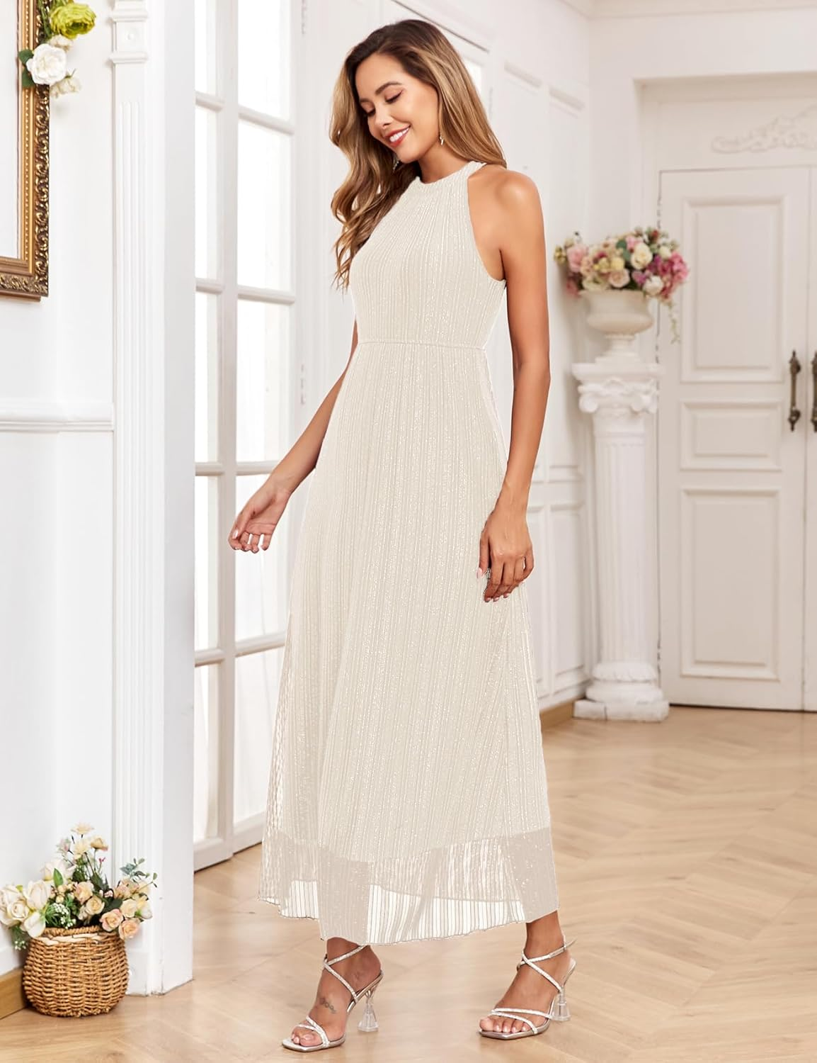 Maternity Sparkly Mesh Dress Halter Neck Sleeveless a Line Pregnancy Dresses Semi Formal Baby Shower Photoshoot image number 6