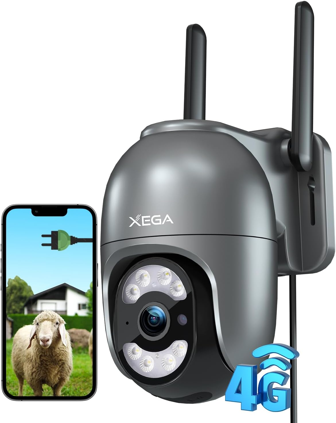 Xega 4G LTE Security Camera Outdoor with SIM Card【Plug in 24/7 Recording】 2K Wired 4G No Wifi Security Camera, IP PTZ CCTV Auto Tracking Human Detection Spotlight Siren Alert TF Cloud Storage IP66