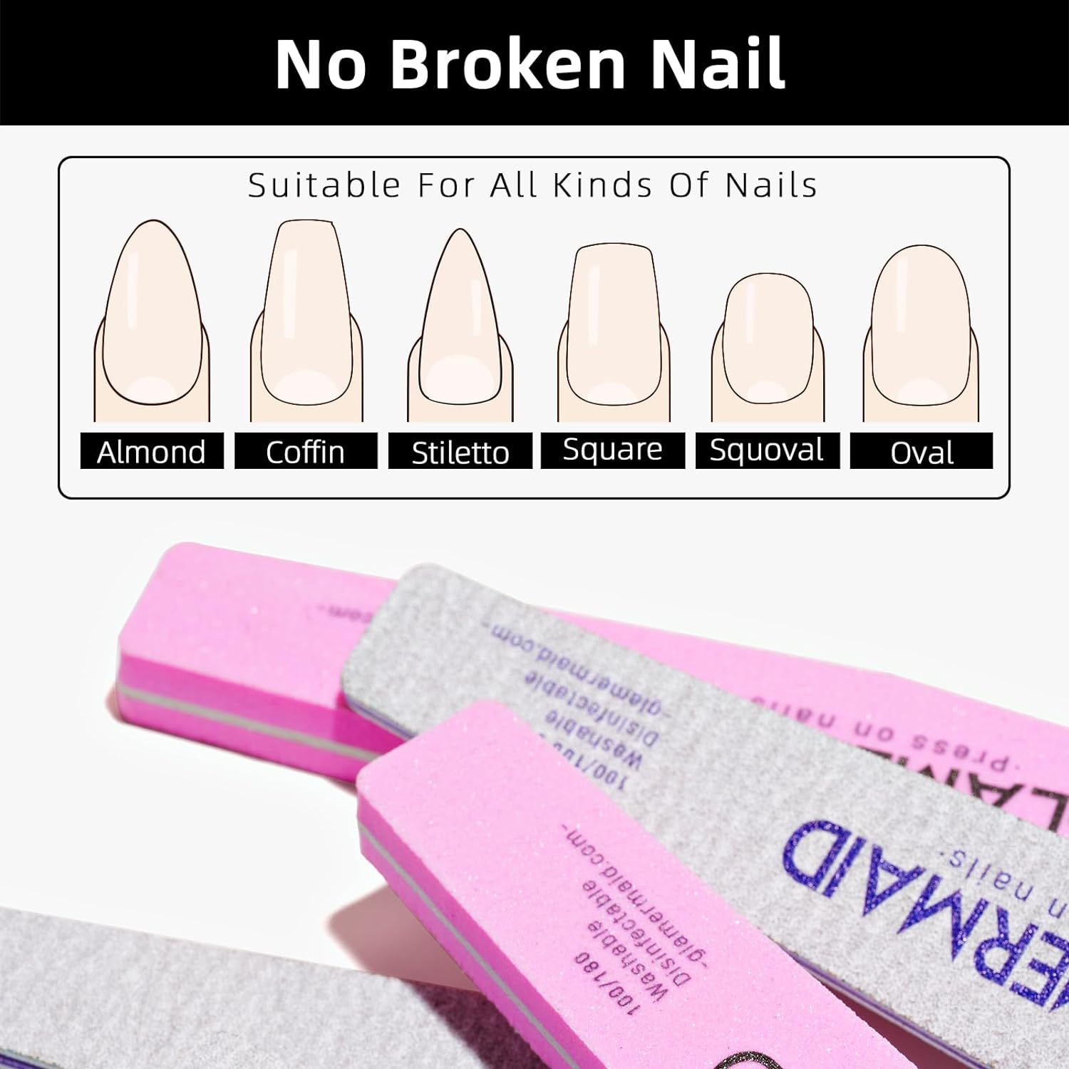 GLAMERMAID Nail File and Buffer Set, Professional Manicure Tools Kits, 100/100 Grit Nail File & 100/180 Grit Nail Buffer, Grey Nail Pedicure File and Pink Sanding Buffing Grinding Plisher File image number 1