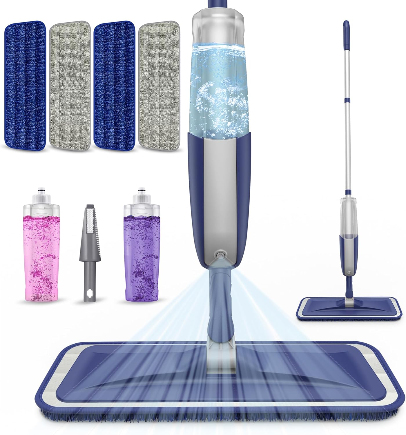 Microfibre Spray Mops for Floor Cleaning - MEXERRIS Floor Mop with Spray 4 X Reusable Washable Pads Dust Wet Dry Mops with 2X 410ML Bottles, Flat Mop for Wood Floor Hardwood Laminate Tiles Flooring