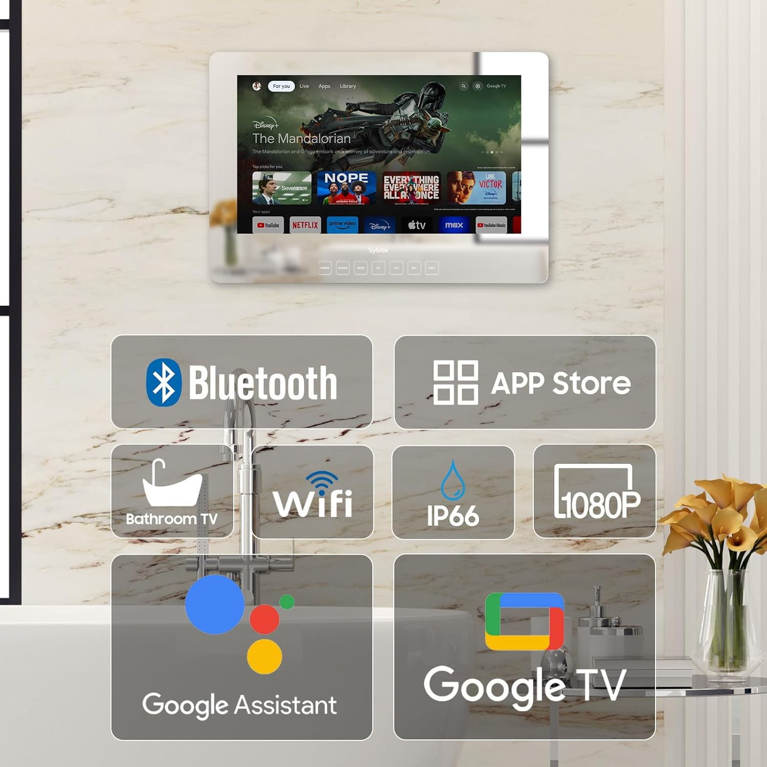 SYLVOX 32'' Smart Waterproof TV, Magic Mirror TV for Bathroom, 1080P, Bass Boost, IP66, Built-In APP Store, and Voice Assistant (On Wall Model) image number 1