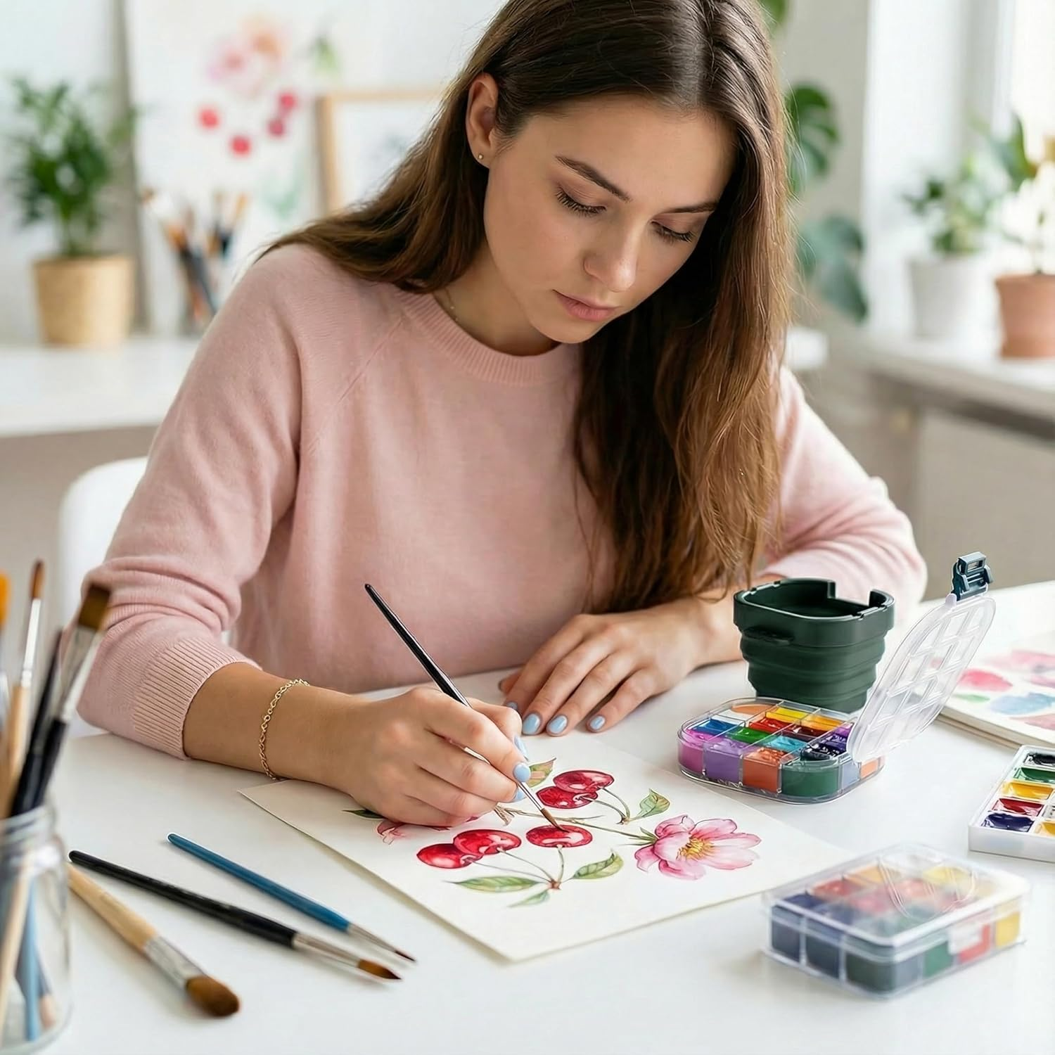 5.3 X 4.4 Inches Airtight Paint Palette Box, Valuable Container Combines Cleaning Brush Basin and Brush Holder, Using for Beginners Learning Art Project Workshops Outdoor Painting (Green) image number 6