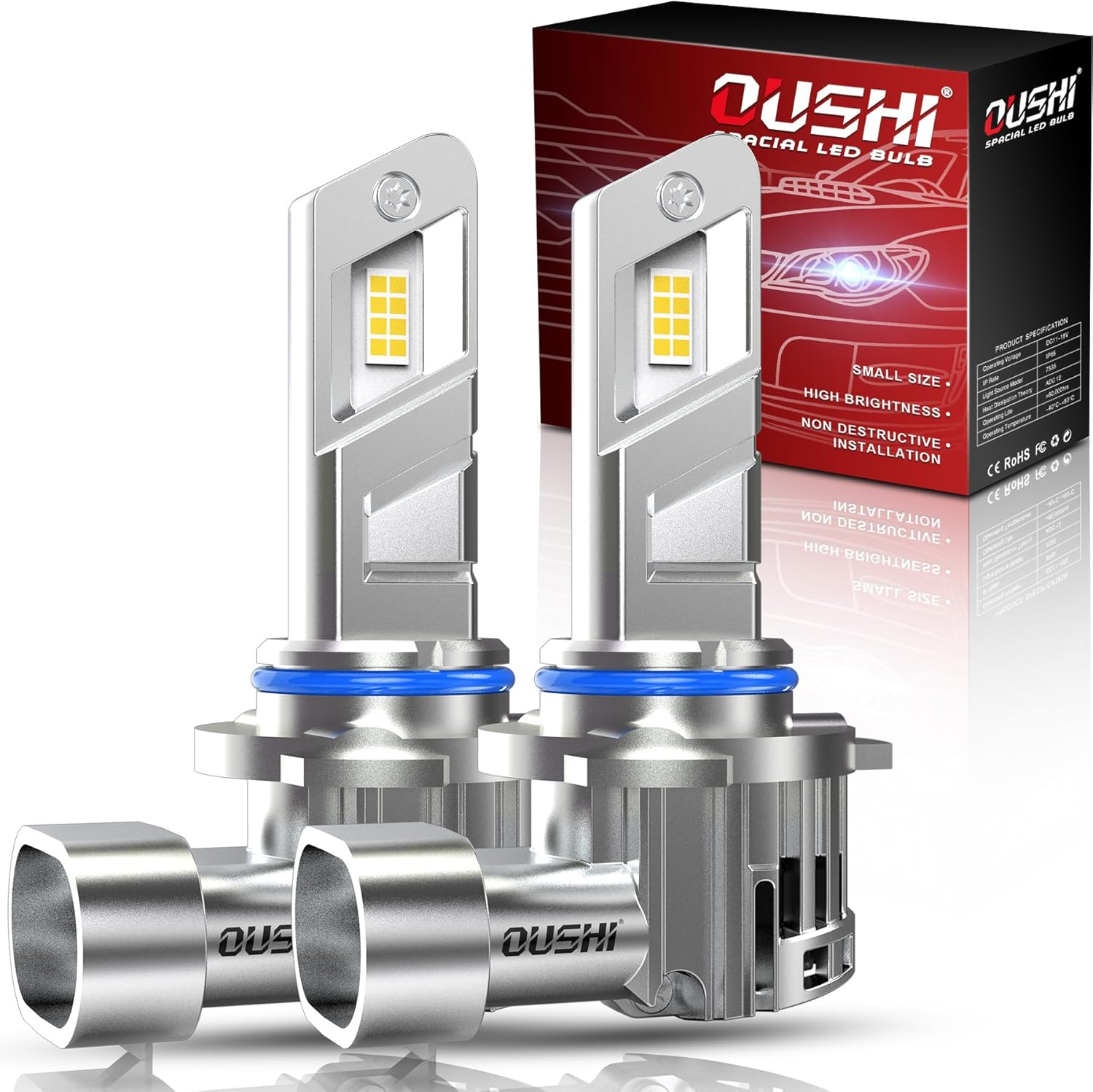 HIR2 LED Headlight Bulbs, OUSHI Upgraded 600% 6500K Xenon White 1:1 Mini Size HIR2 LED Bulbs, 20000LM Plug and Play 9012 Bulb, Pack of 2 image number 3