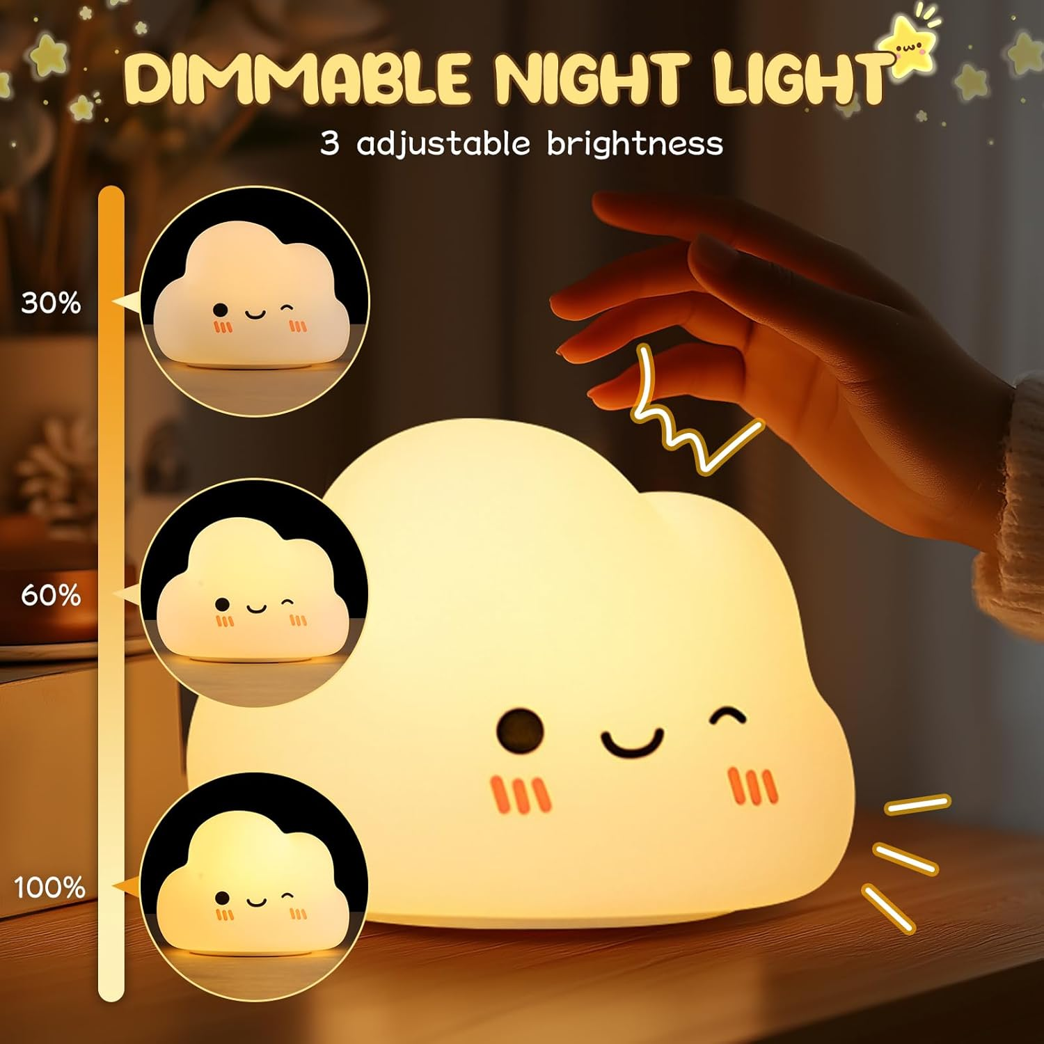 Diboniur Night Light Children'S Night Light Baby, 7 Colours 5 Brightness Baby Nursing Light, Night Light Dimmable Kawaii Silicone Night Lamp Children'S Room, Touch Control, Portable and Rechargeable
