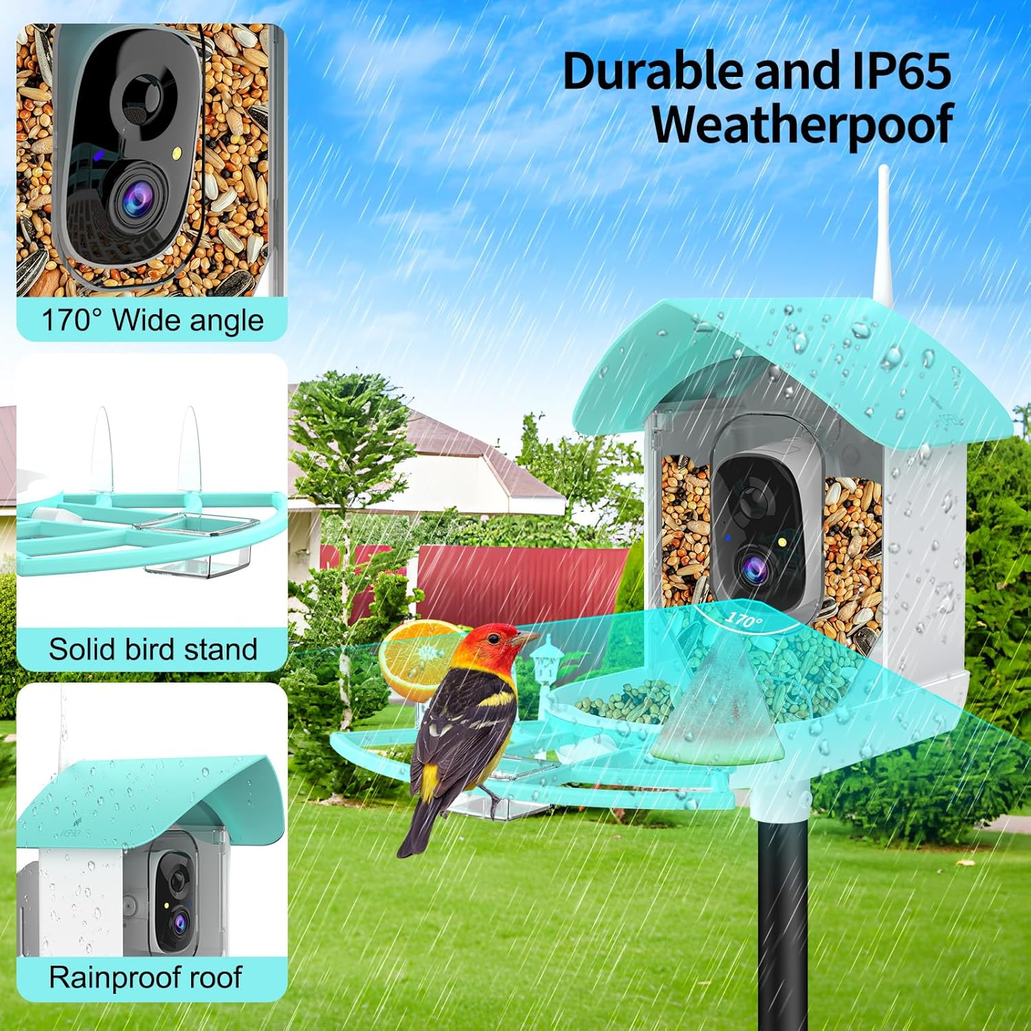 Smart Bird Feeder with Camera,Ai Identify Birds Breed,Solar Powered Wifi FHD 2K Live View Camera,Auto Capture Video,Backyard Garden Bird Watching,Motion Detection,Cloud and SD Card Storage,Blue