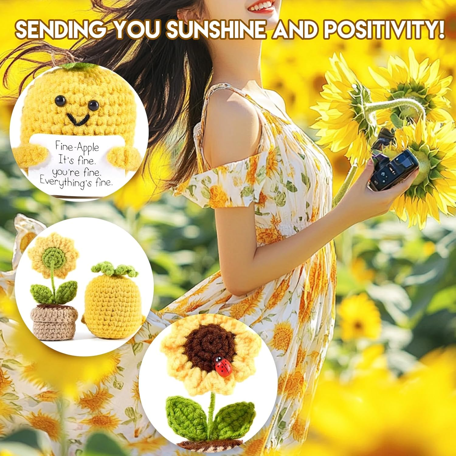 2PCS Handmade Crochet Yarn Decor &ndash; Funny Sunflower & Pineapple Desk Accessories, Emotional Support Gifts for Women, Friends, Office &ndash; Fiber Art Knitted Ornaments, Not Toys image number 1