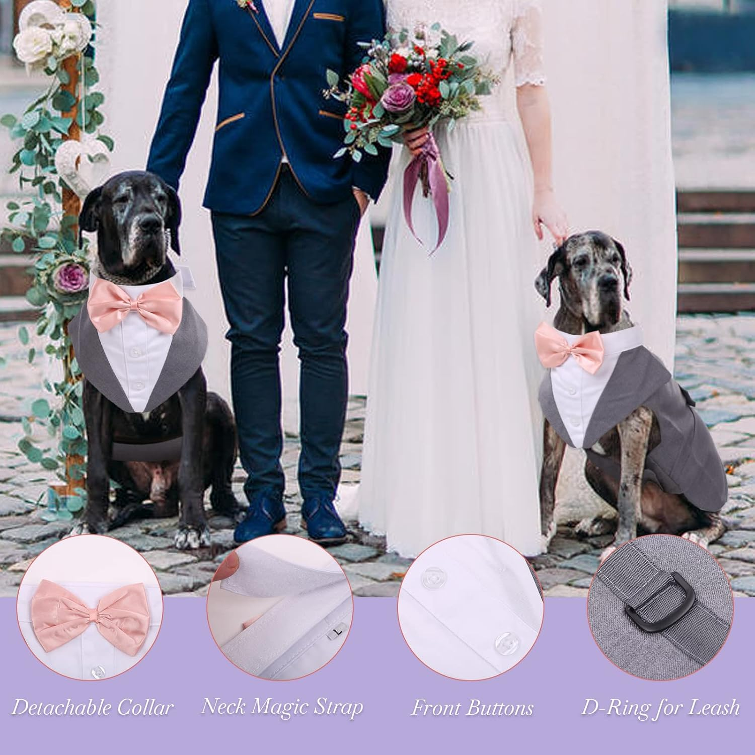 Dog Tuxedo Suit and Bandana Set,Small Medium Large Breeds Dog Wedding Attire Party,Gentle Pet Prince Costume with Detachable Bow Tie Collar,Cat Vest Shirt Dress-Up Cosplay Apparel for Special Events image number 5