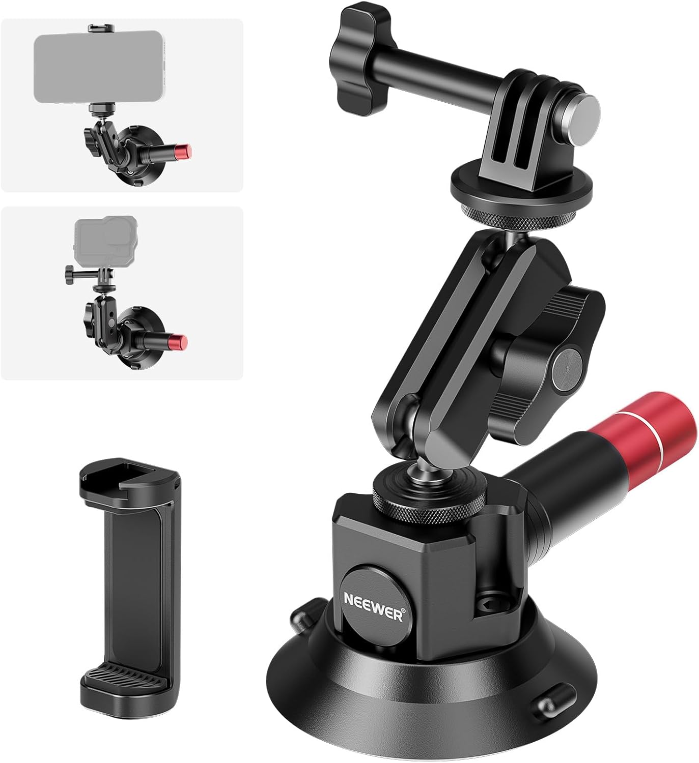 NEEWER 3" Suction Cup Camera Mount Bracket with Ball Head Magic Arm, 1/4" ARRI Holes, Quick Release Car Mount with Phone Holder & Action Cam Adapter Compatible with Iphone Gopro DJI Insta360, CA104 image number 4