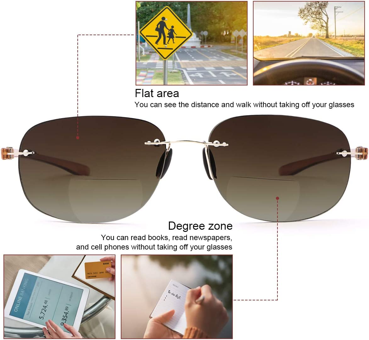2X Rimless Bifocal Reading Glasses UV Protection Sunglasses anti Blue Light Sun Readers for Men Women Driving Safety Shades image number 4