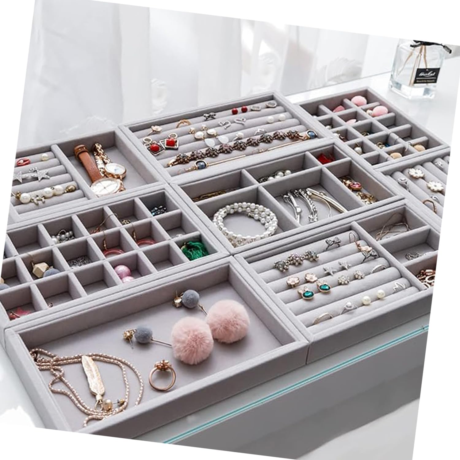 WEZCHUGHAOL Velvet Jewellery Storage Trays, Set of 6, Stackable Organiser for Drawers, Grey image number 6
