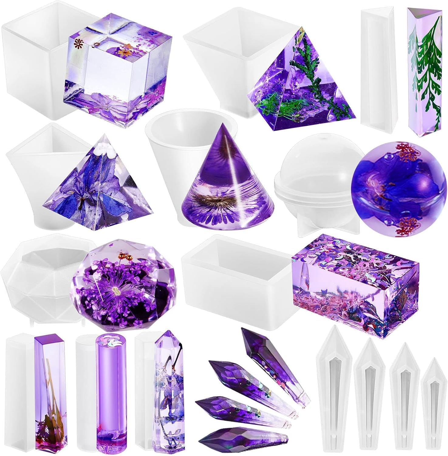 15 Pieces Crystal Resin Molds Pendulum Crystal Molds Include Pyramid Silicone Resin Mold, round Cone Resin Mold, Sphere, Triangular Cone, Multi-Facet Gemstone Cube Resin Mold for Jewelry Making