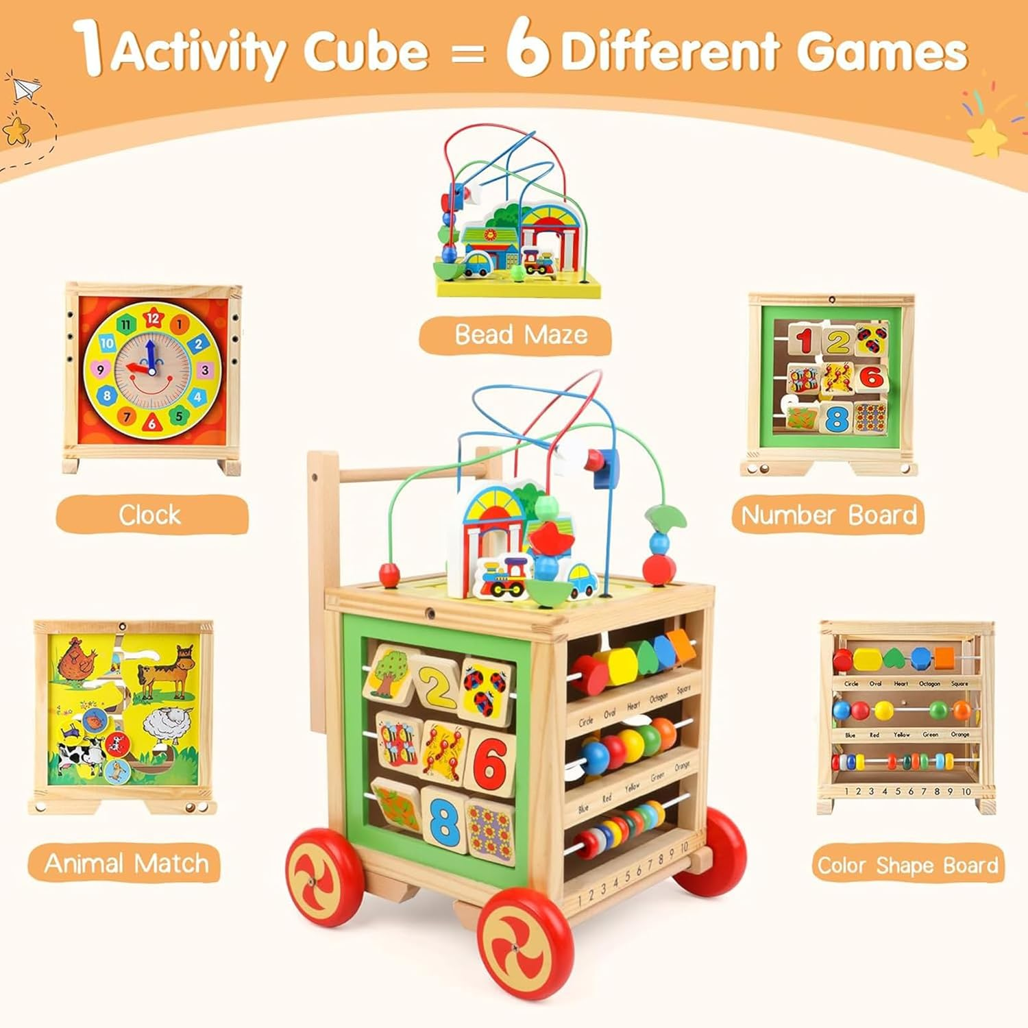 Wooden Activity Cube 6 in 1 Wooden Baby Walke Montessori Toys Educational Learning Sensory Toys for 1 Year Old Baby Toddler Kid Boy First Birthday Gift, Bead Maze Shape Sorter Abacus