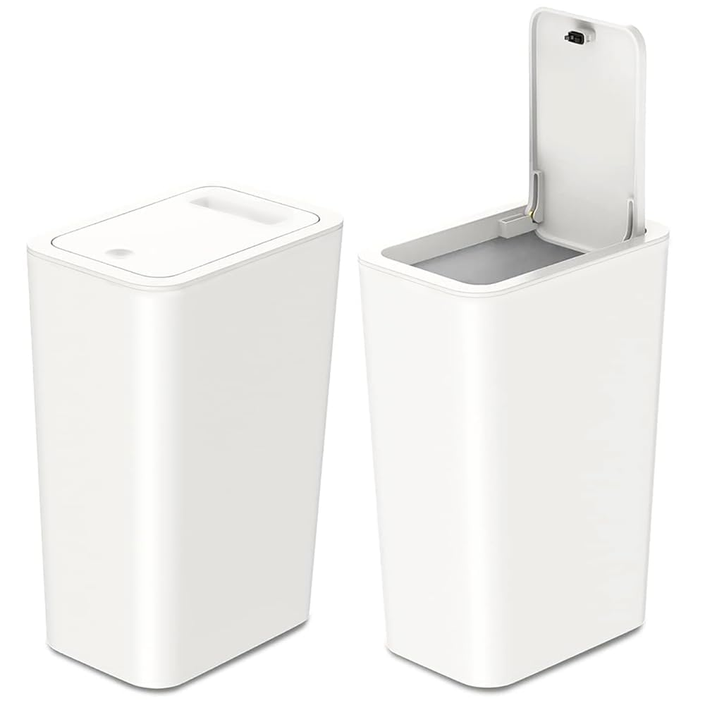 2 Pack Slim Space-Saving Trash Can with Press Top Lid, 12L Durable Plastic Garbage Bin for Kitchen, Bathroom, RV, Office, Small Container Wastebasket for Narrow Spaces (White)