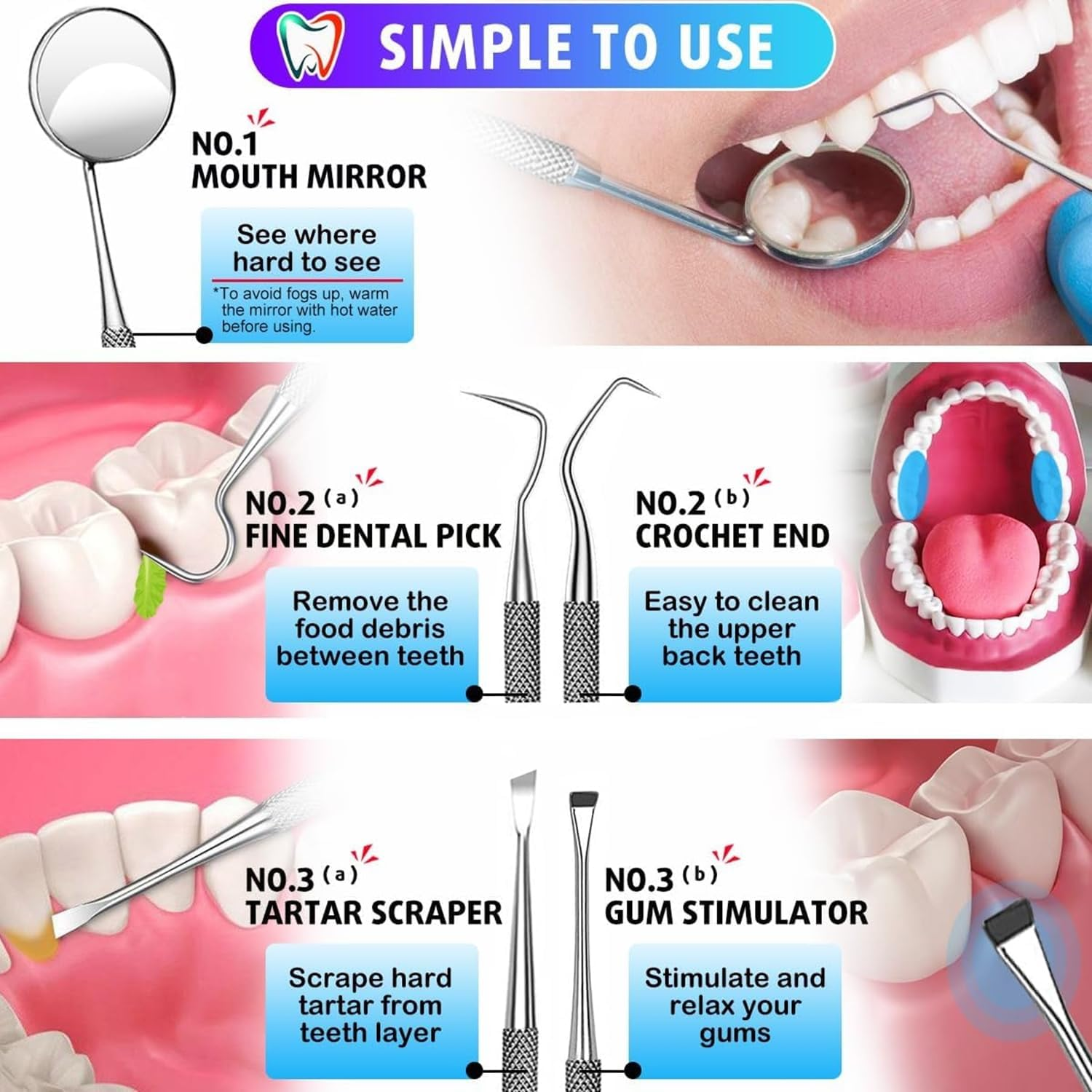 6-Piece Dental Tools, Dental Pick Teeth Cleaning Tools, Dental Hygiene Kit, Plaque Remover for Teeth, Professional Stainless Steel Tooth Scraper Plaque Tartar Cleaner - with Case image number 1