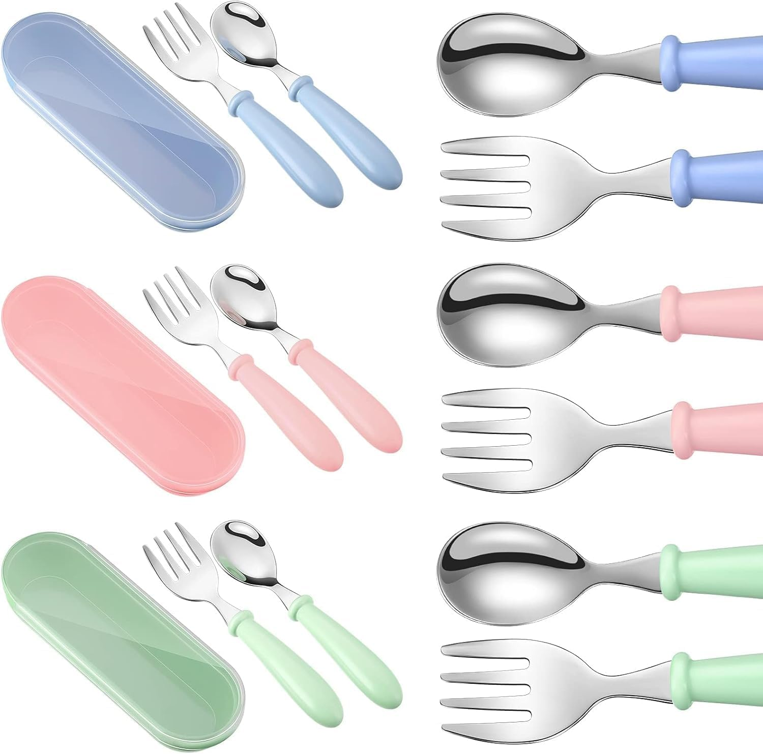 Jerssamy 9 Pieces Toddler Utensils Stainless Steel Fork and Spoon Safe Baby Silverware Set, Kid Safe Utensils Children'S Flatware Kids Cutlery Set with round Handle for Lunchbox (Blue, Green, Pink) image number 1