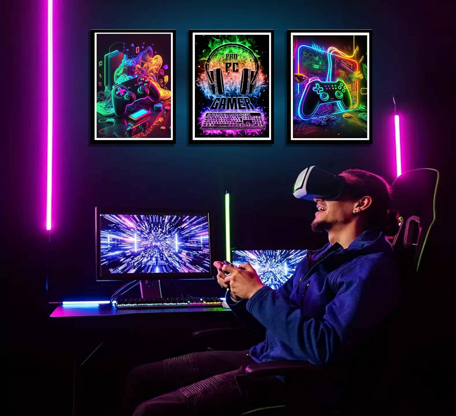 NBYARTQ 3Pcs Cool Gaming Wall Art Retro Video Gamer Watercolor Posters Pictures Colorful Neon Gamepad Canvas Painting Prints for Boys Room Kids Gamer Room Bedroom for Boys Home Decoration 12X16In image number 2