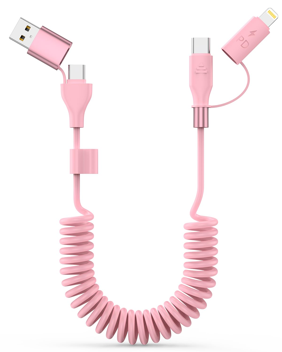 Coiled USB Cable, USB to USB C and Lightn-Ing Cable 4-In-1, Car Carplay Cable, 60W 3A Fast Charging Cord for Iphone 17 16 15 14 13 12 11, Ipad, Macbook, Galaxy, Note & More - 4Ft/Black