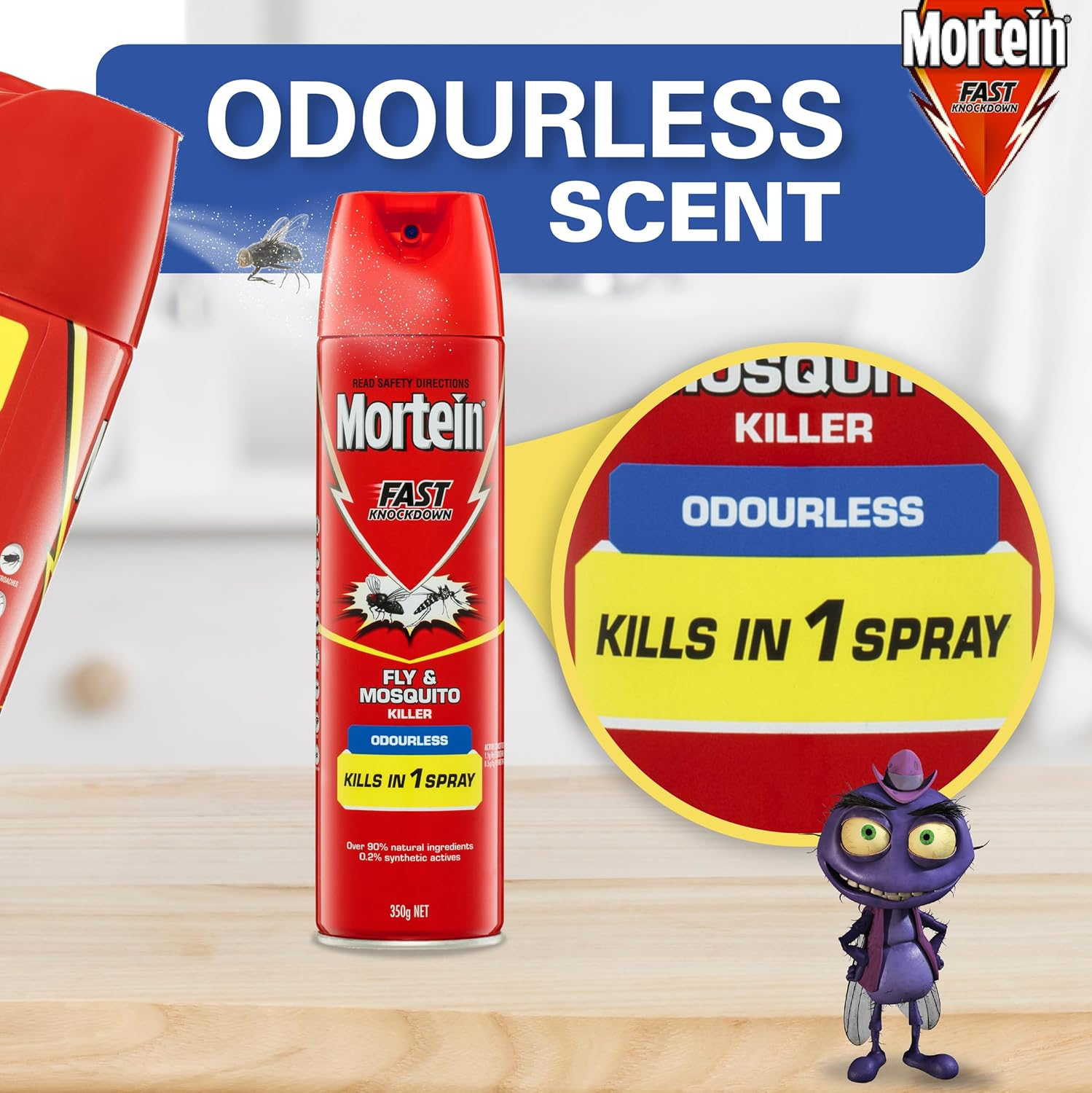 Mortein Fast Knockdown Insect Spray Odourless Fly & Mosquito Killer 350G image number 1