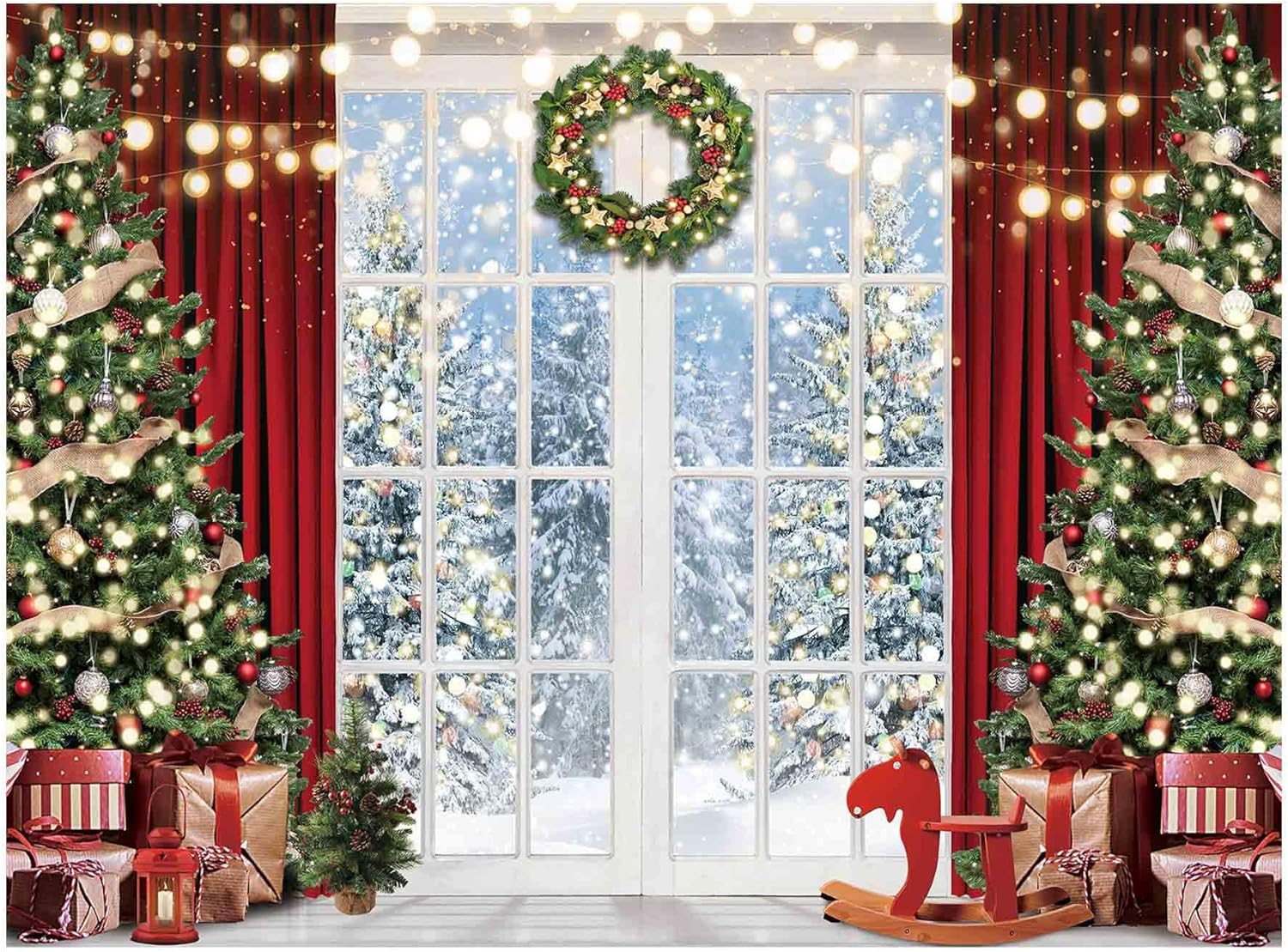 Allenjoy 96" X 72" Christmas Window Backdrop for Photography Winter Merry Xmas Tree Background Snow Holiday Photobooth Portrait Party Banner Festival Photo Studio Props Supplies image number 4