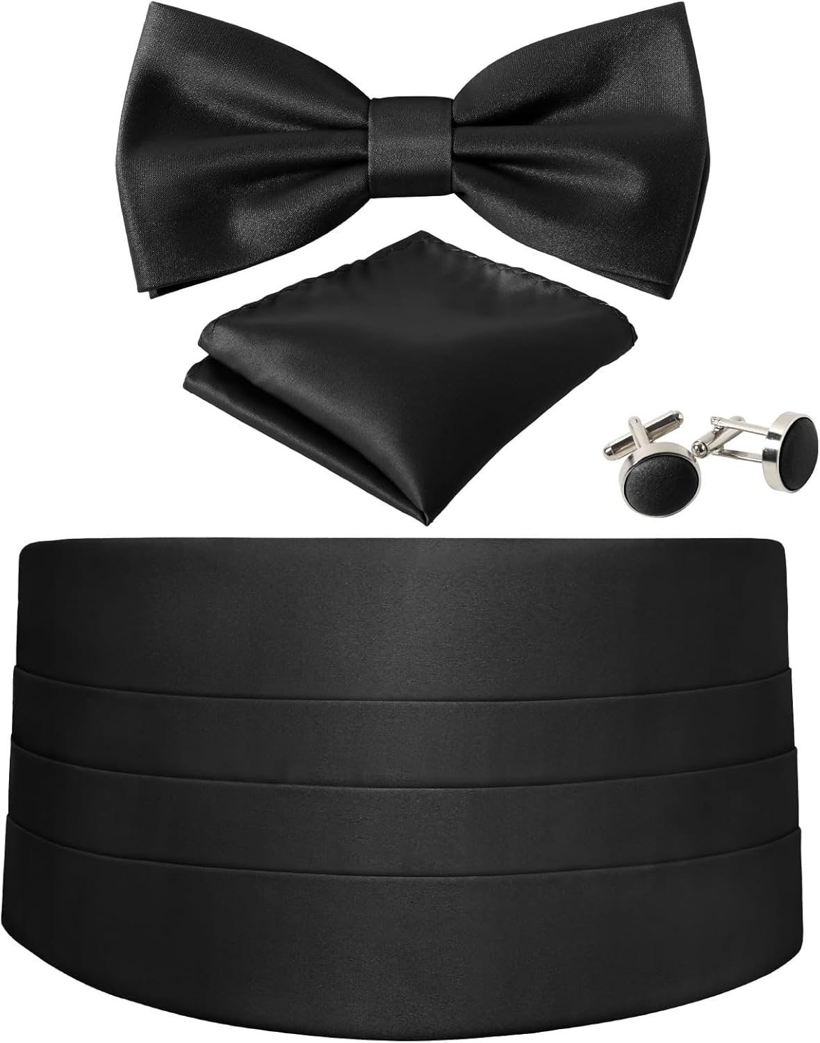 Cummerbund and Bow Tie Set Solid Color Adjustable Formal Men'S Black Cumberbund Bowtie Cufflinks Set & Pocket Squares