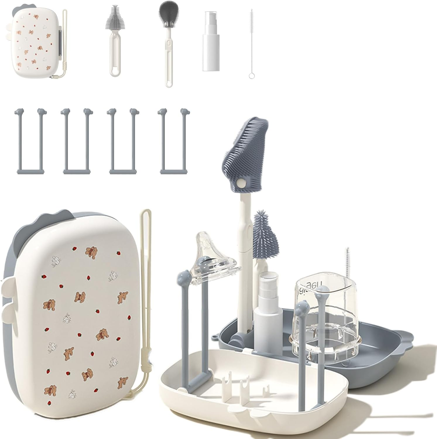 Travel Baby Bottle Brush Set with Portable Silicone Bottle Brush Nipple Cleaner Brush Straw Brush Soap Dispenser and Bottle Drying Rack image number 2