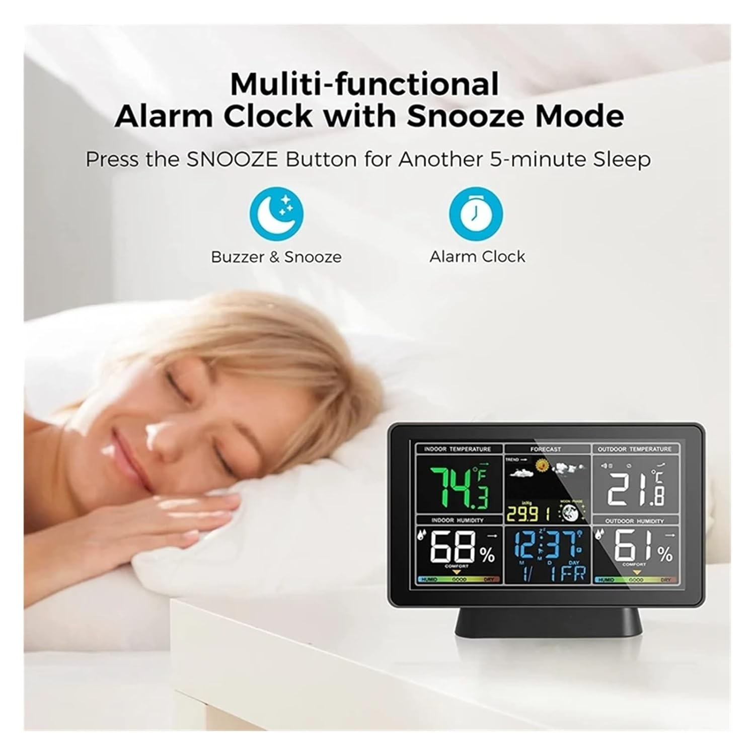 7.5" Color LCD Wireless Weather Forecast Station Digital Thermometer Hygrometer Trend Barometer Moon Phase Alarm Clock Calendar image number 2